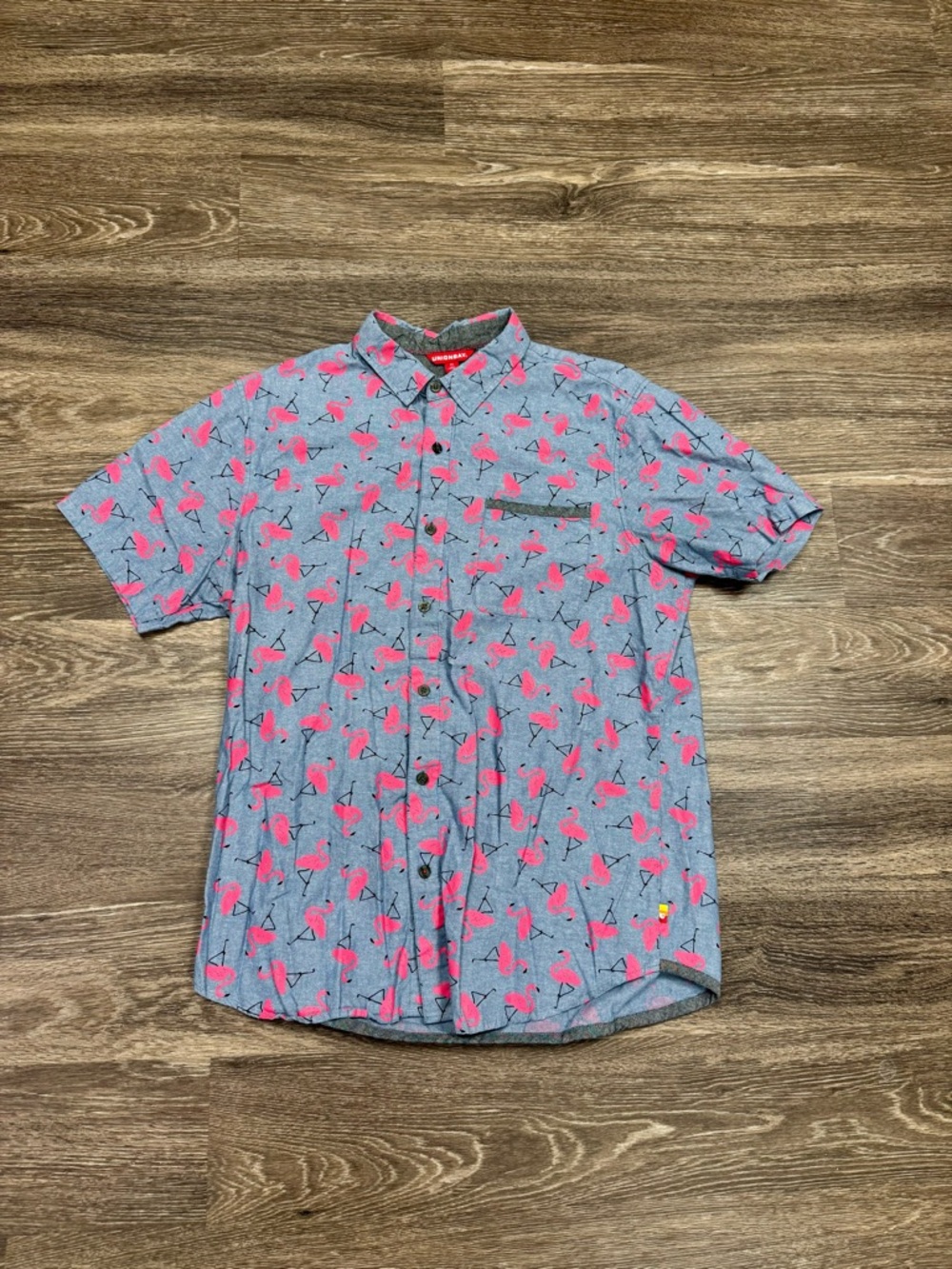 Unionbay Flamingo Button Up Shirt XL Gray Pink Tropical Cotton AOP